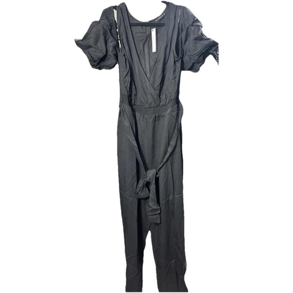 Soncy Women’s Black V-Neck Cold Shoulder Jumpsuit with Waist Tie Size 3 22/24